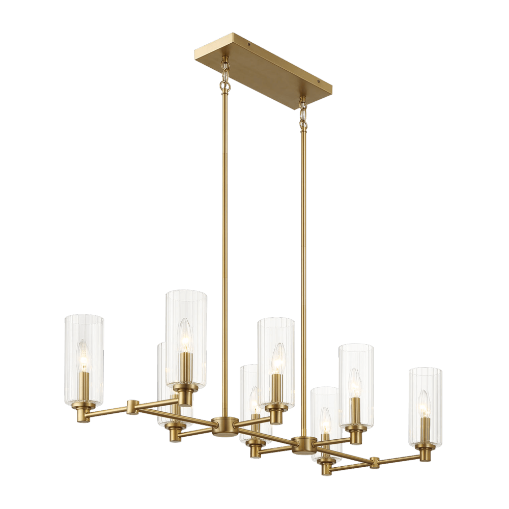 Willow Eight Lights Island With Clear Ribbed Glass Pendant Lamp - Satin Brass