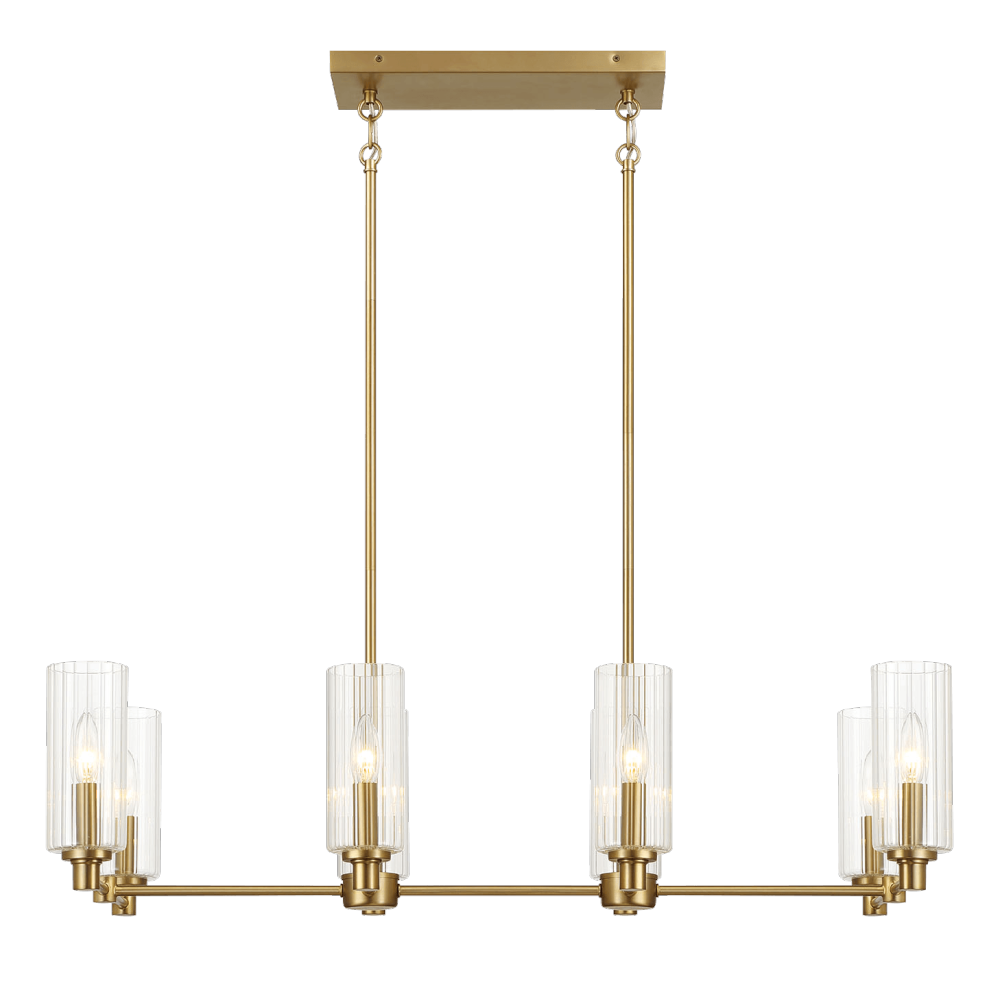 Willow Eight Lights Island With Clear Ribbed Glass Pendant Lamp - Satin Brass