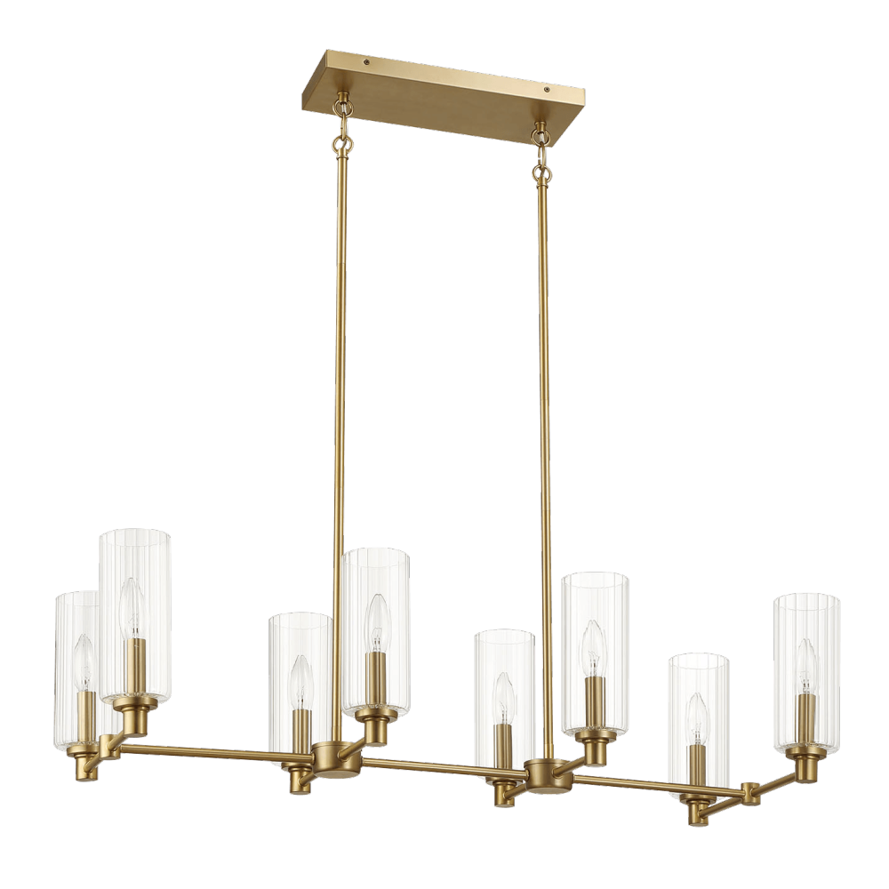Willow Eight Lights Island With Clear Ribbed Glass Pendant Lamp - Satin Brass