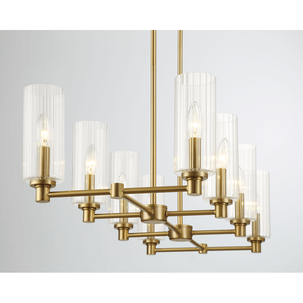 Willow Eight Lights Island With Clear Ribbed Glass Pendant Lamp - Satin Brass